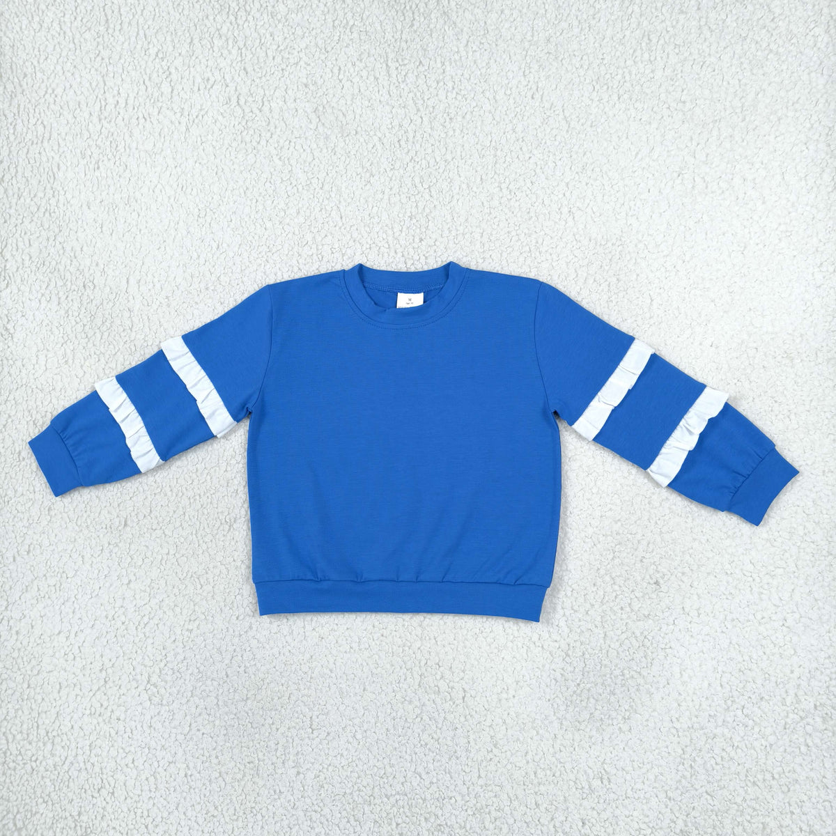 RTS NO MOQ Sibling cotton Baby Girls Solid Color Crew Neck With Double White Ruffle Sleeve Top