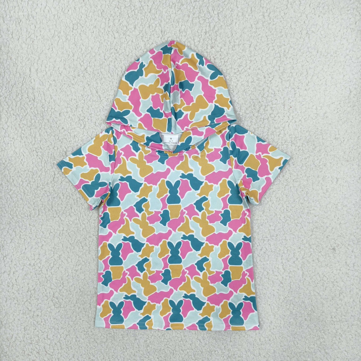 RTS NO MOQ Sibling milk silk Baby Girls Easter Bunny Camo Print Short Sleeve Hooded T Shirt