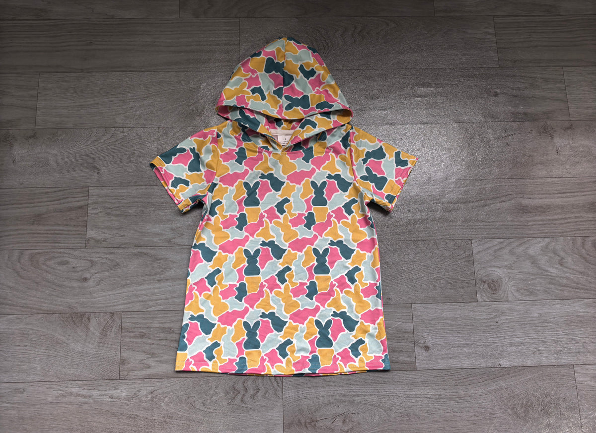 (Sample) No moq milk silk GT1919 Baby Girls Yellow Pink Camo With Rabbit Print Easter Short Sleeve Hoodies Top