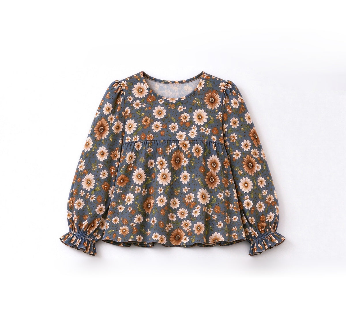 (Preorder new) No moq GT1945 Baby Girls Small Daisy Flowers Long Ruffle Sleeve Hem Fall Tunic Tops