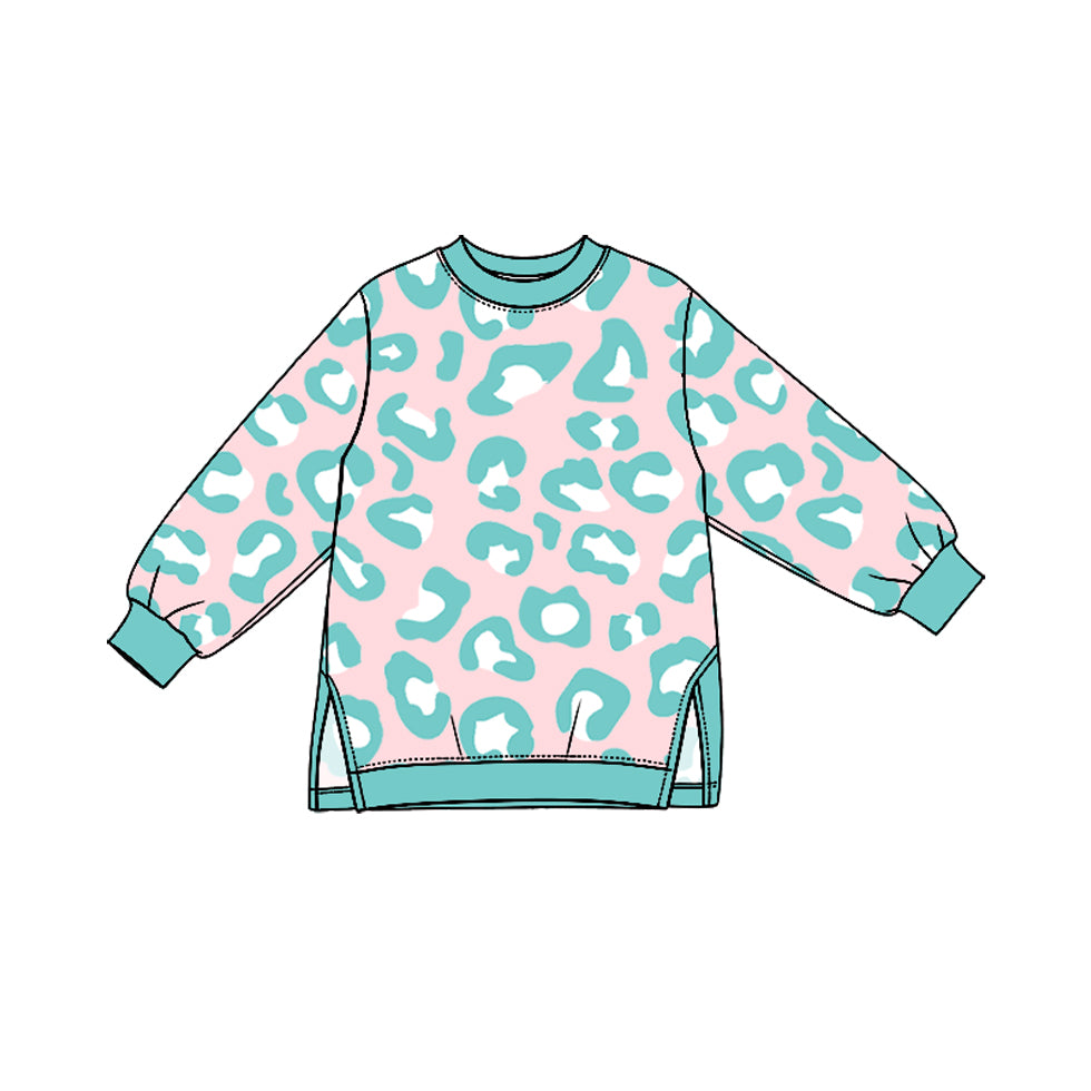 (Preorder new) No moq yoga fabric GT1953 Baby Girls Pink Mint Leopard Print Long Sleeve Crew Neck Yoga Top