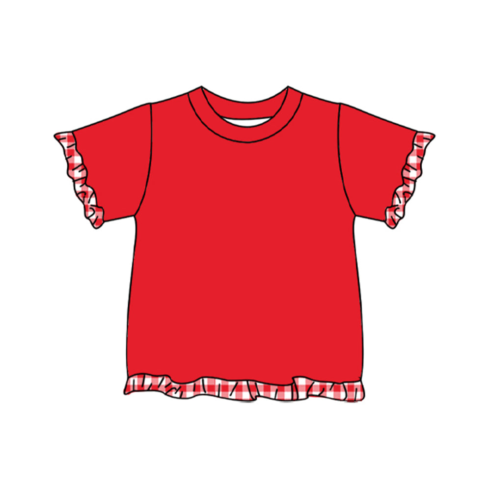 (Preorder new) No moq GT1973 Baby Girls Solid Red Short Sleeve T Shirt With Red Gingham Ruffle Sleeve And Hem Trim