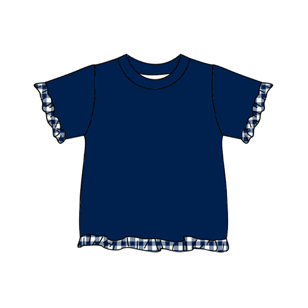 (Preorder new) No moq GT1974 Baby Girls Solid Navy Blue Short Sleeve T Shirt With Gingham Ruffle Sleeve And Hem Trim