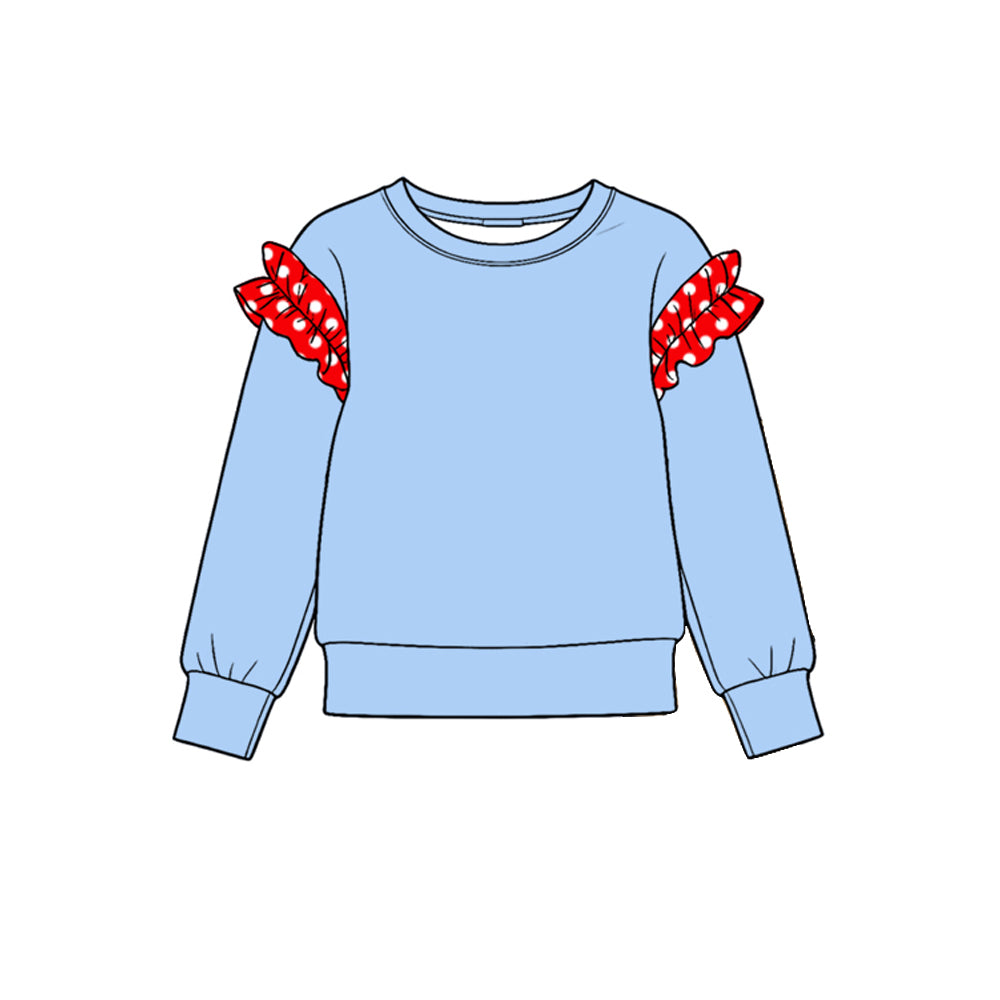 (Preorder new) No moq Baby Girls Crew Neck Polka Dot Ruffle Shoulder Long Sleeve Top