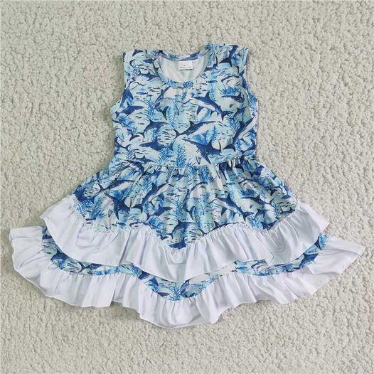 girls summer short sleeve dress shark printn