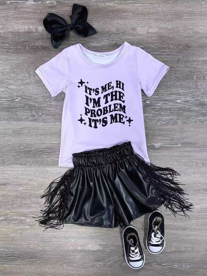 Rts no moq GT0432 problem lettering purple short-sleeved top +shorts sets