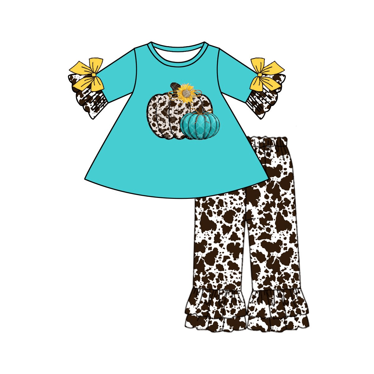 Ink pattern pumpkin teal short-sleeved trousers suit