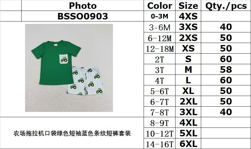RTS NO MOQ BSSO0903 Farm Tractor Pocket Green Short Sleeve Blue Stripe Shorts Outfit