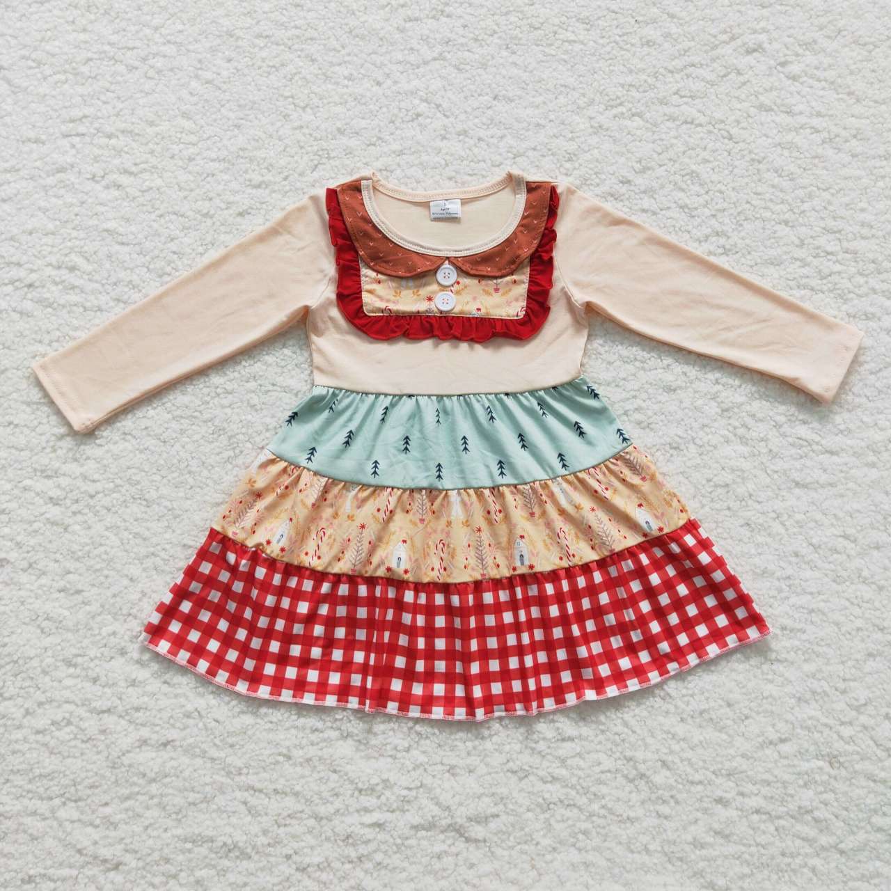 RTS NO MOQ(In Stock) GLD0246 Christmas Tree Red Plaid Beige Long Sleeve Dress
