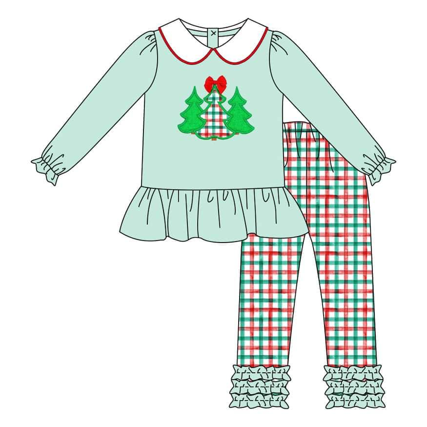 Custom moq 3 eta 6-8weeks Christmas Tree Plaid Long Sleeve Pants Suit
