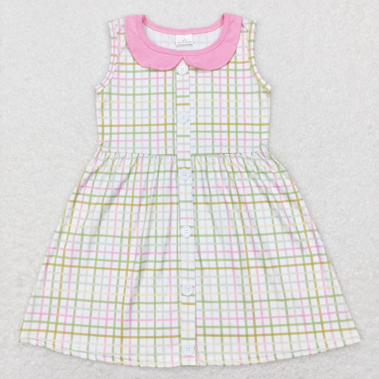 RTS NO MOQ(In Stock) Green striped pink baby doll collar sleeveless dress