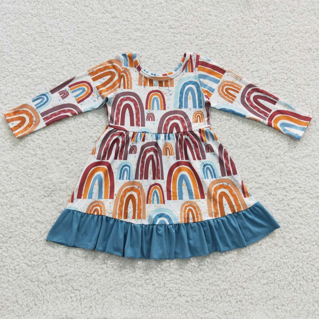 RTS NO MOQ(In Stock)GLD0205 Rainbow Print Blue Lace Long Sleeve Dress