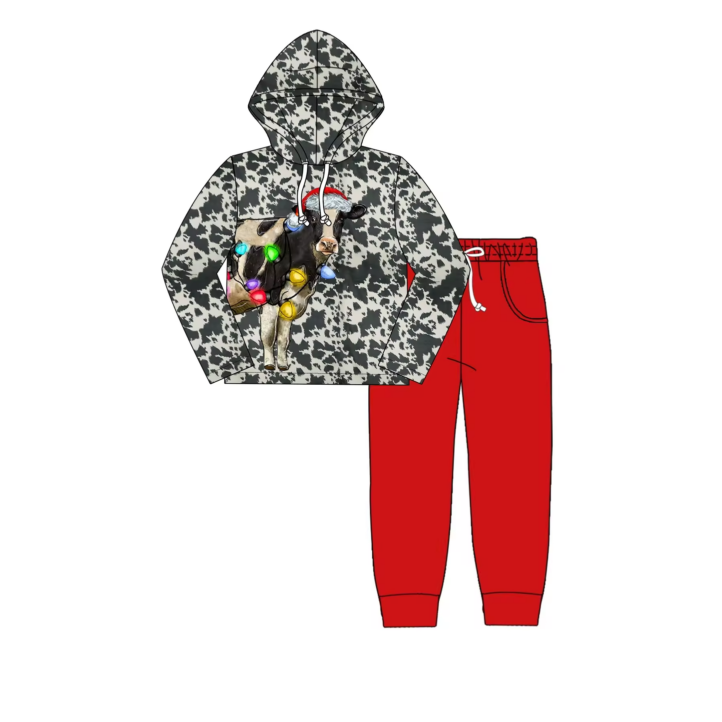 Custom moq 3 eta 6-8weeks Cow with Santa Hat - Cow Print Long Sleeve Hoodie - Red Pants Set