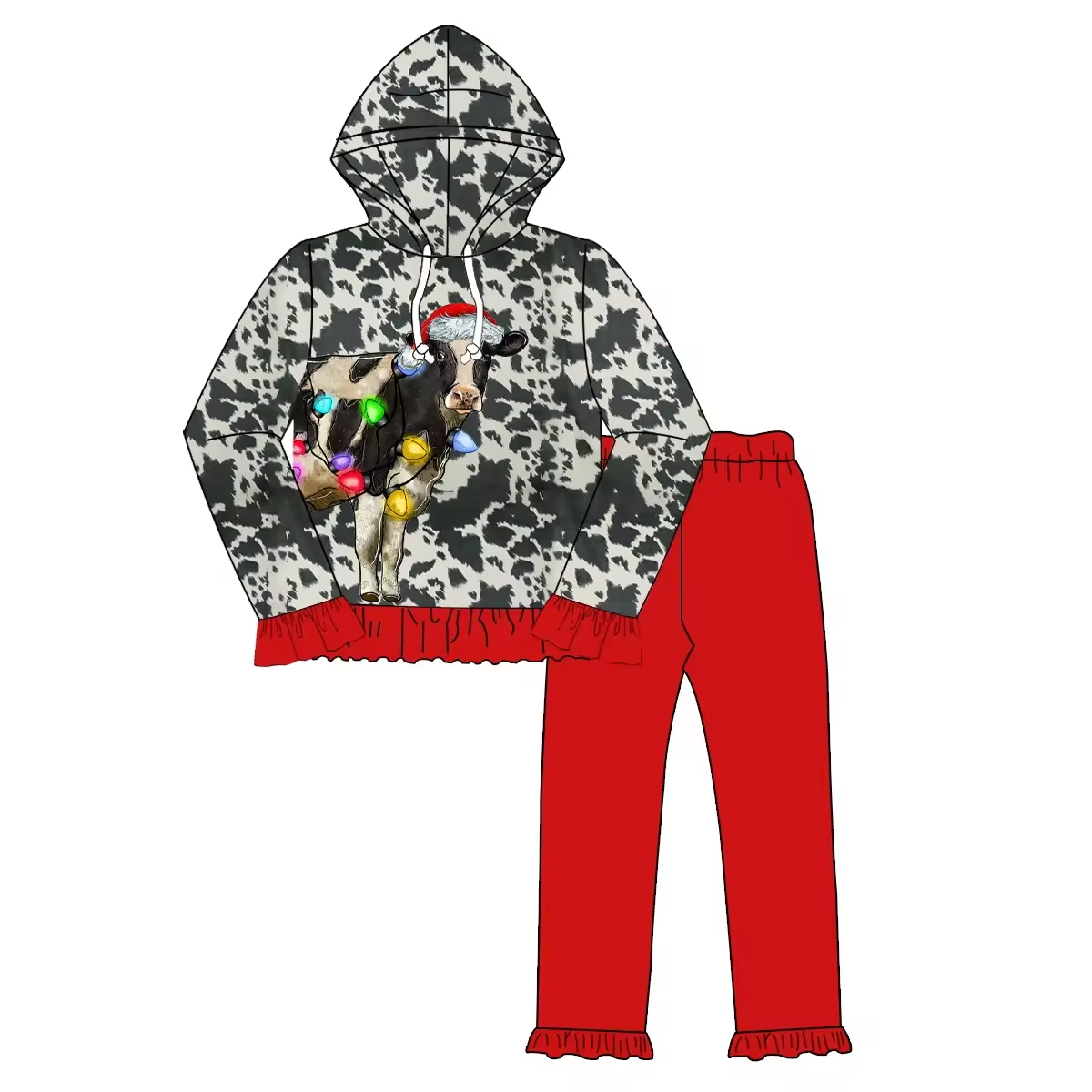 Custom moq 3 eta 6-8weeks Cow with Santa Hat - Long Sleeve Hoodie with Cow Pattern and Ruffled Lace Hem - Red Pants Set