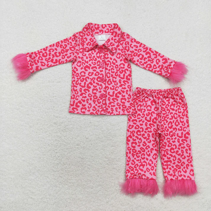 RTS NO MOQ Mommy and Me Dark Pink Leopard Buttons Fur Pajamas Clothes Sets