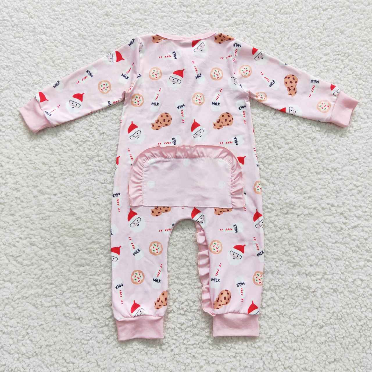 RTS NO MOQ(In Stock ) LR0471 Milk Cookie Santa Pink Zipper Long Sleeve Bodysuit