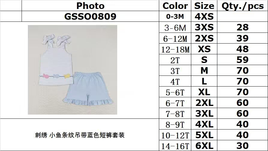 RTS GSSO0809Embroidered fish stripe suspenders blue shorts set
