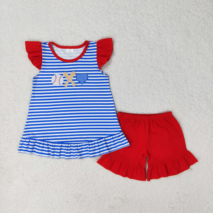 RTS Baby Girls Blue Stripes Baseball Summer Sibling Clothes Sets