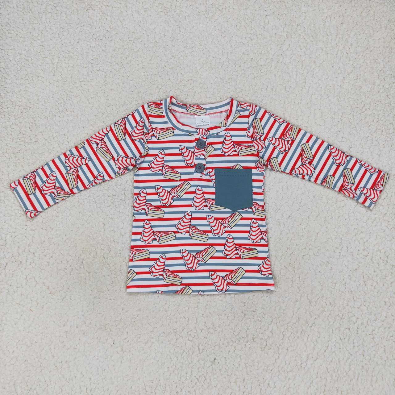 BT0325 Christmas tree cookie red and green striped pocket white long sleeve top