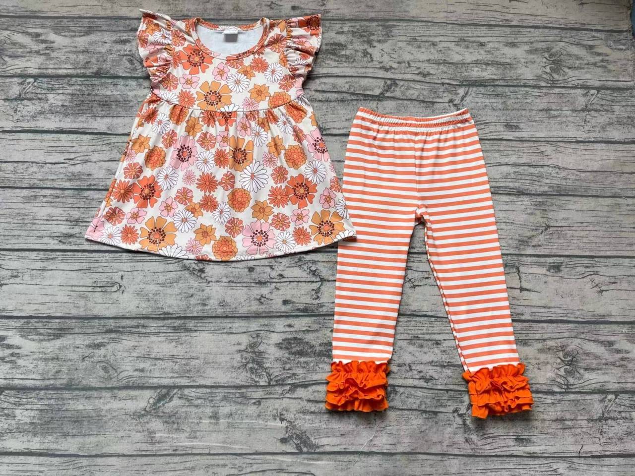 Floral Fly Sleeve Top Orange Stripe Lace Trouser Set