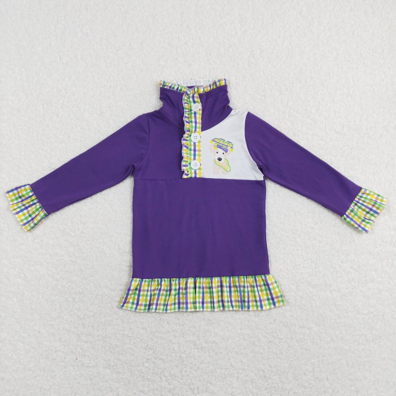 RTS NO MOQ(In Stock ) Mardi Gras Puppy Plaid Purple Zip Long Sleeve Top