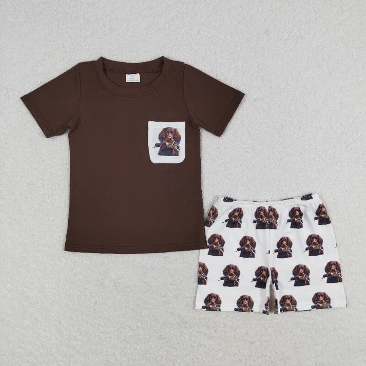 RTS NO MOQ Baby Boys Brown Pocket Dogs Sibling Rompers Clothes Sets