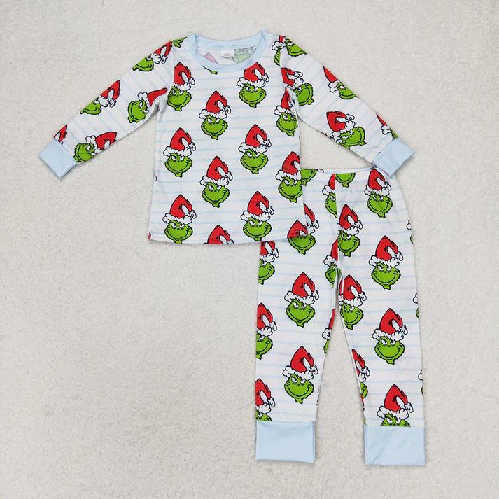 RTS NO MOQ bamboo fabric fabric content is 50% cotton +45%bamboo +5%spandx Baby Boys Green Face Christmas Sibling Sister Bamboo Pajamas Clothes Sets