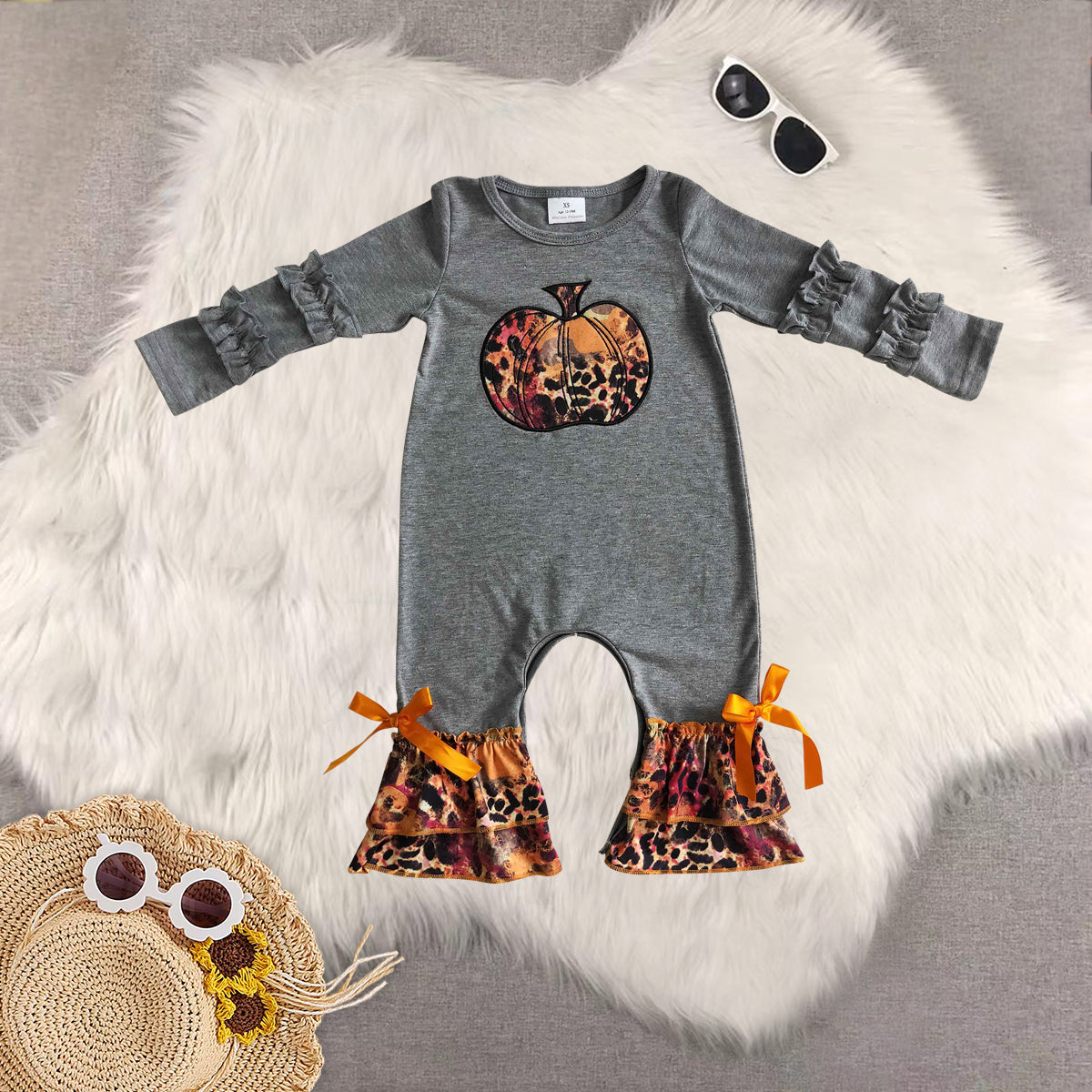RTS NO MOQ Sibling baby girls clothes embroidery pumpkin long-sleeved trousers suit & romper