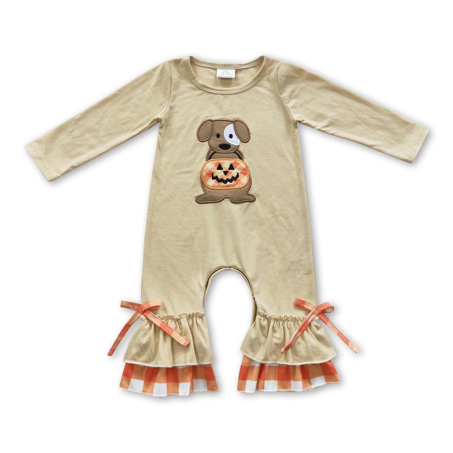 RTS NO MOQ Sibling milk silk Embroidery Baby Boys Girls Dog Pumpkin Halloween Long Sleeve Top Pants Clothes Sets Rompers