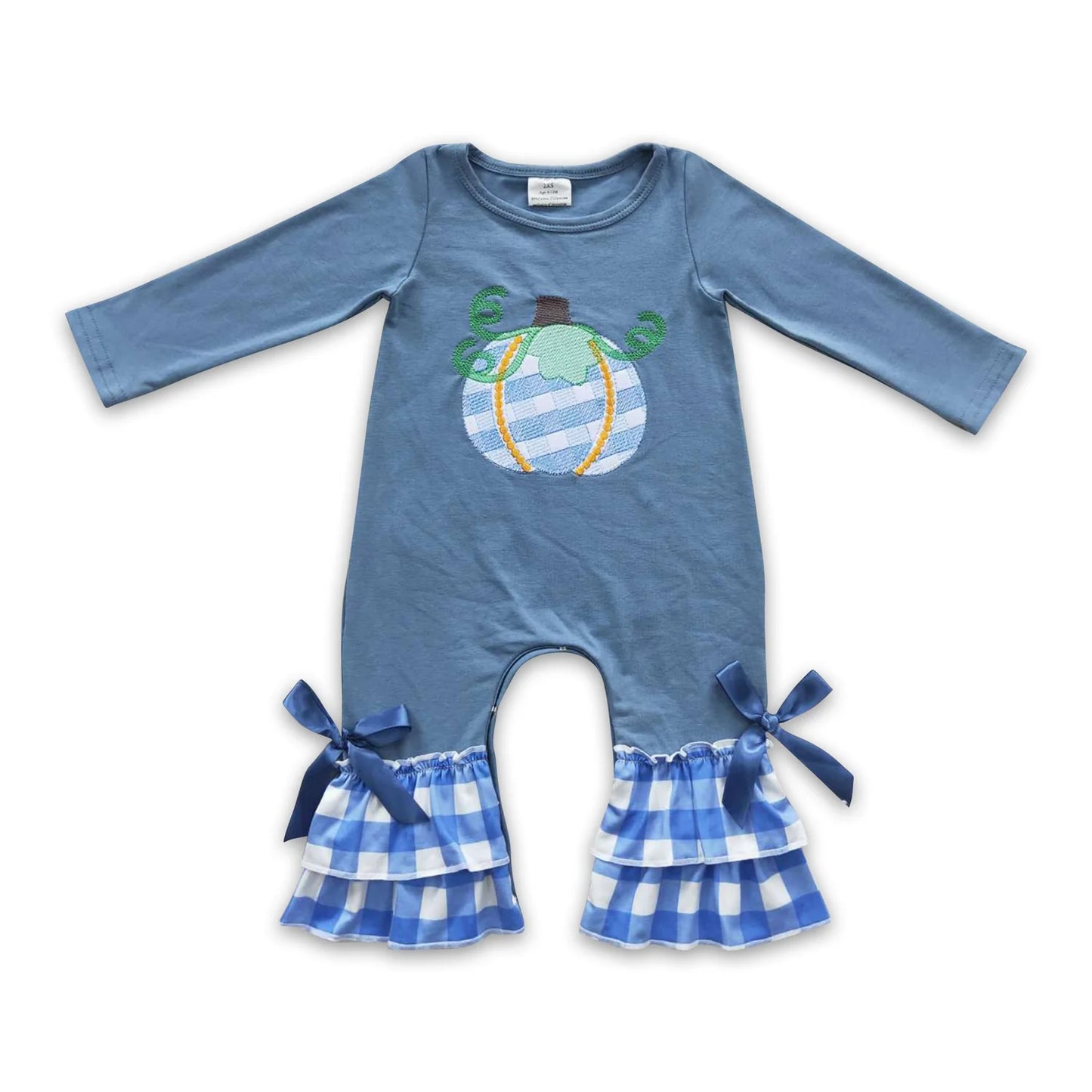 RTS NO MOQ Sibling milk silk Embroidery Baby Boys Girls Pumpkin Blue Checkered Long Sleeve Top Pants Casual Sets Rompers