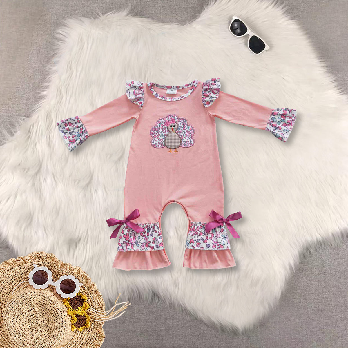 RTS Sibling baby girls clothes Embroidery thanksgiving turkey long Sleeve pants sets and rompers