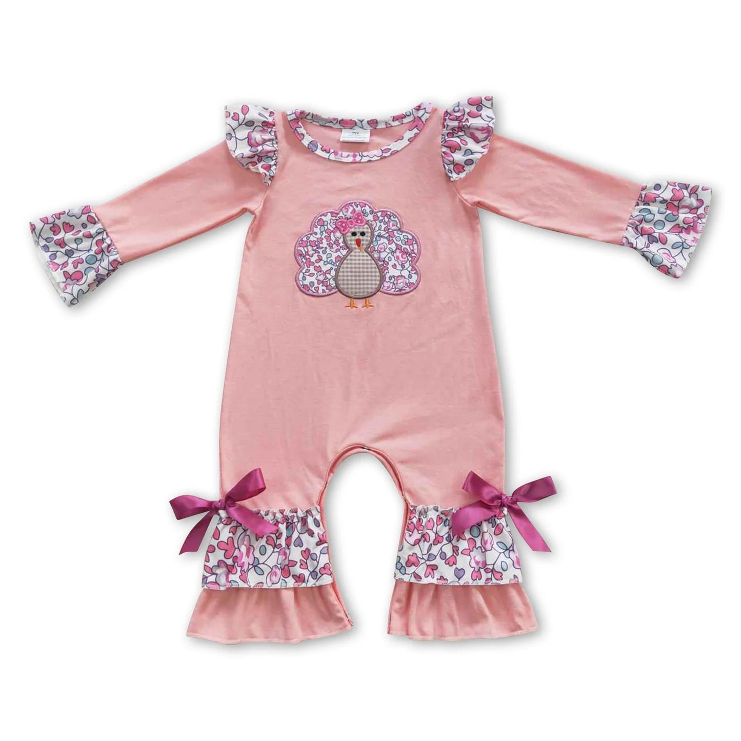 RTS NO MOQ Sibling milk silk Baby Girls Pink Fall Turkey Print Thanksgiving Tunic Top Ruffle Pants Two Piece Clothes Sets Dress Rompers