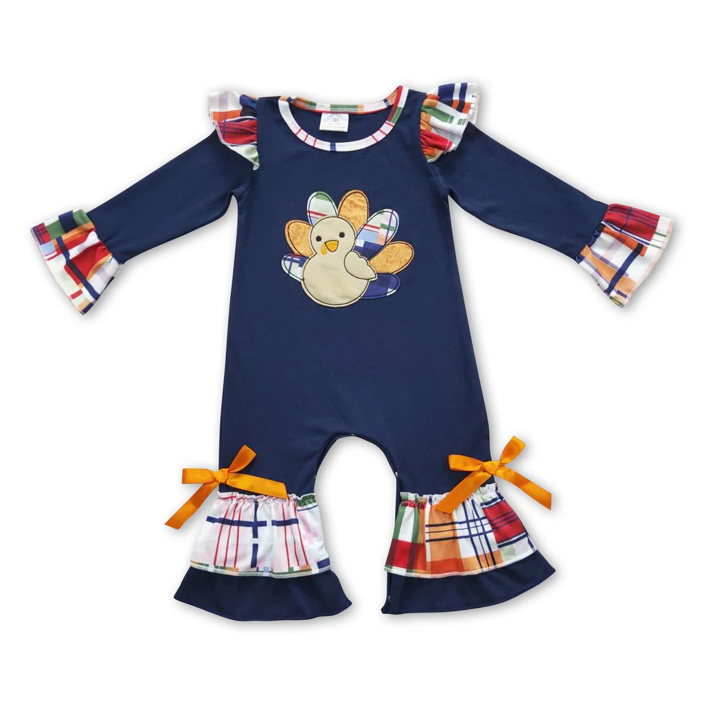 RTS NO MOQ Sibling milk silk Embroidery Baby Boys Girls Thanksgiving Turkey Patchwork Long Sleeve Top Pants Casual Sets Rompers