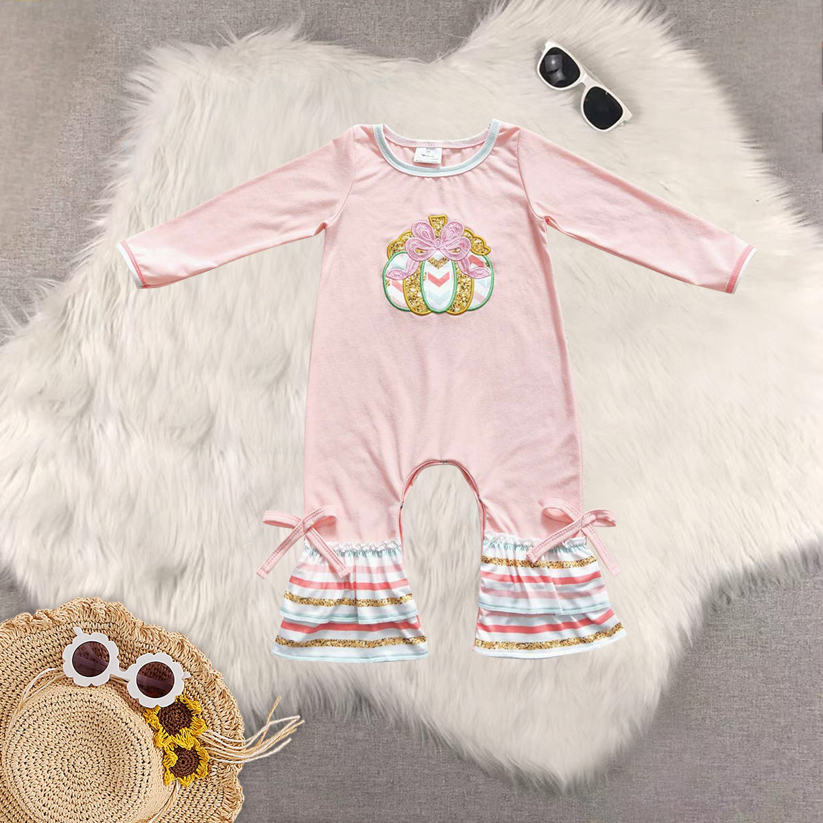 RTS NO MOQ Sibling baby girls clothes embroidery bow pumpkin long-sleeved trousers suit & romper