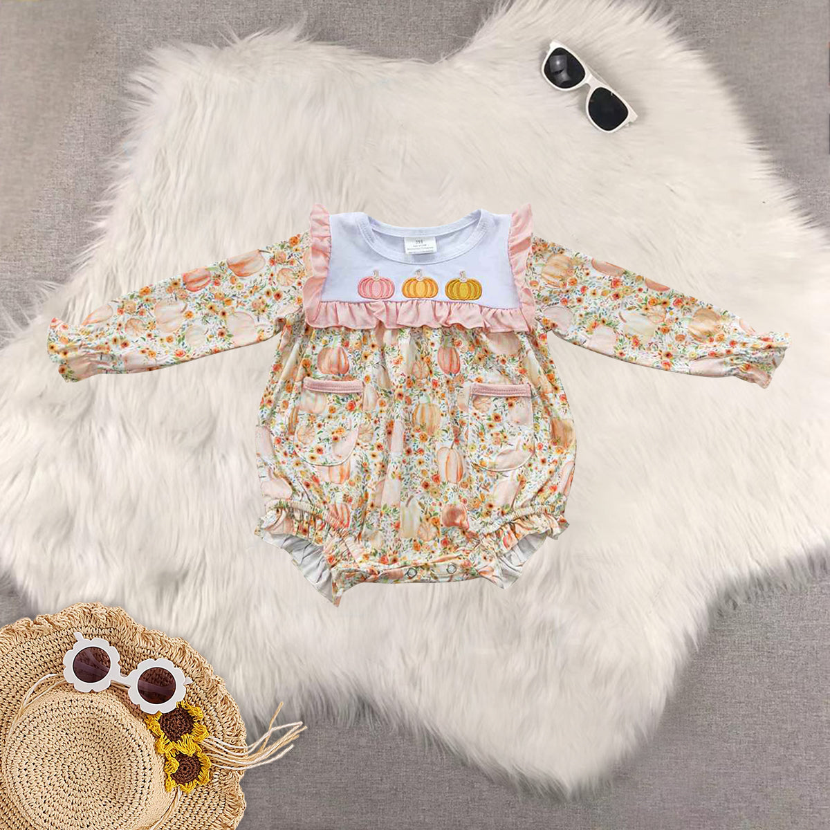 RTS NO MOQ Sibling baby girls clothes embroidery pumpkin long-sleeved trousers suit & romper & dress
