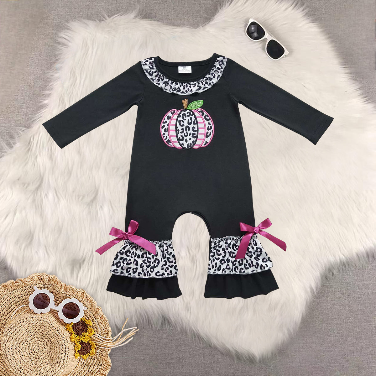 RTS NO MOQ Sibling Baby girls embroidery halloween pumpkin long-sleeved trousers suit & romper