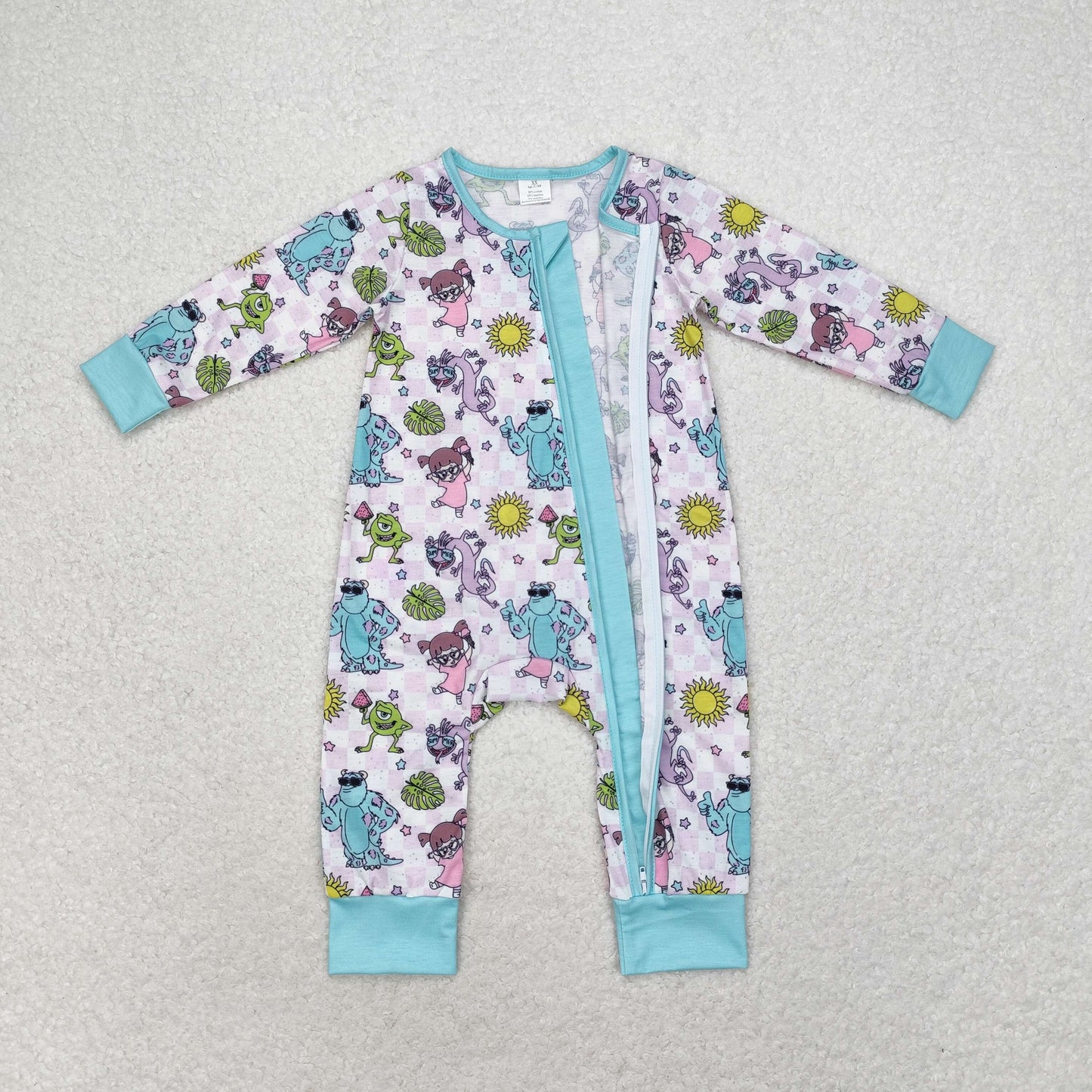 RTS NO MOQ(In Stock) Modal Monsters University Purple Plaid Zipper Long Sleeve Bodysuit