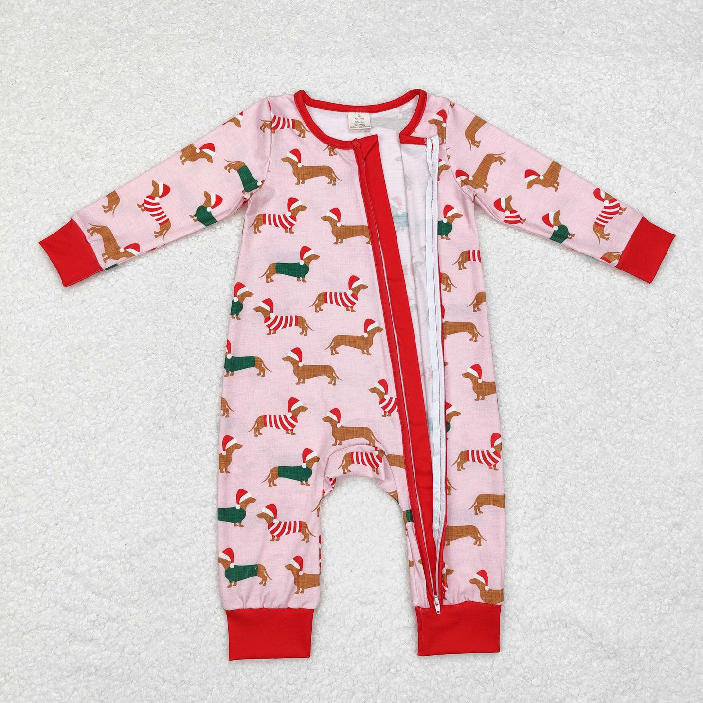 RTS NO MOQ(In Stock) LR1081 Modal Christmas hat puppy pink zippered long-sleeved jumpsuit