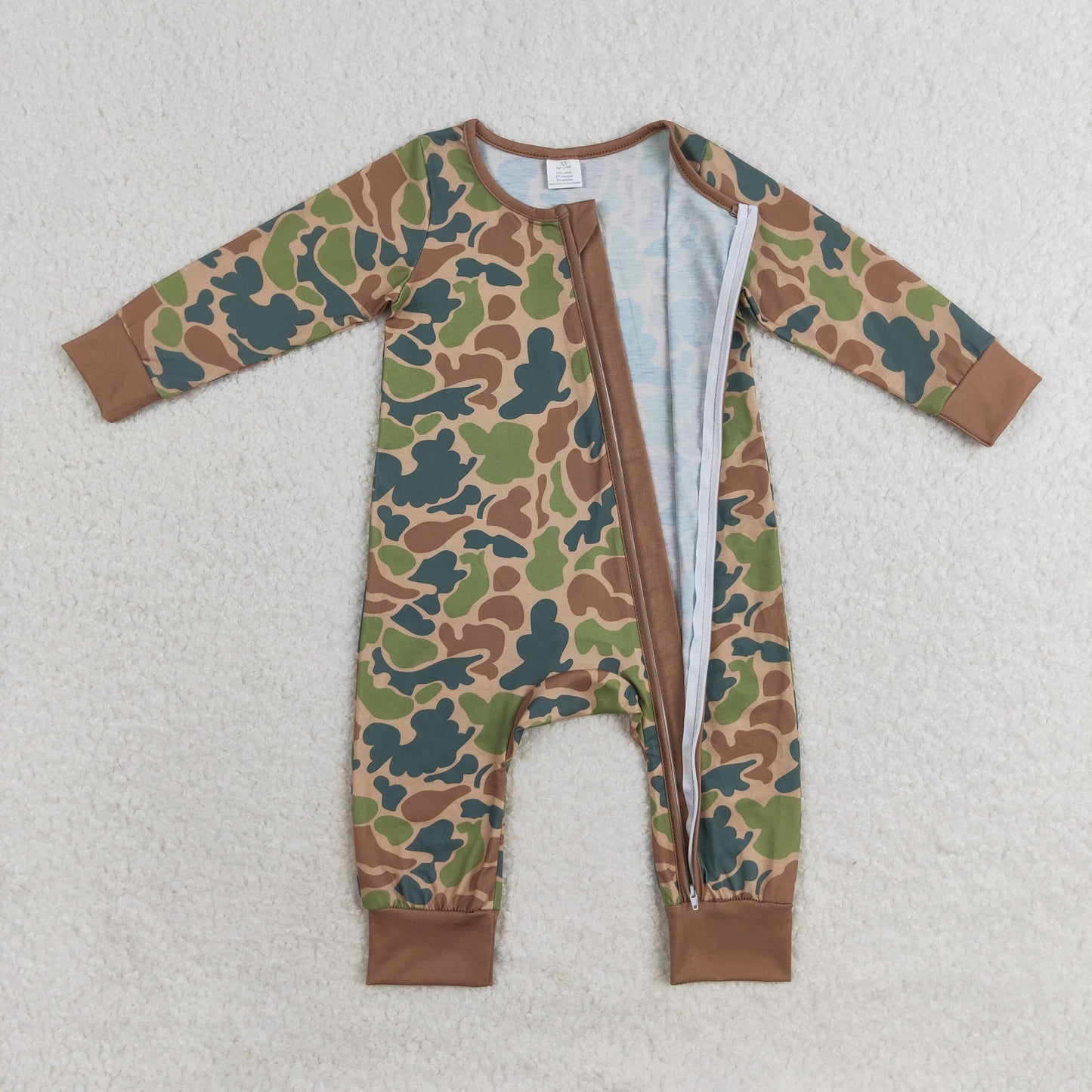RTS NO MOQ(In Stock) Modal Brown Green Camouflage Zipper Long Sleeve Bodysuit
