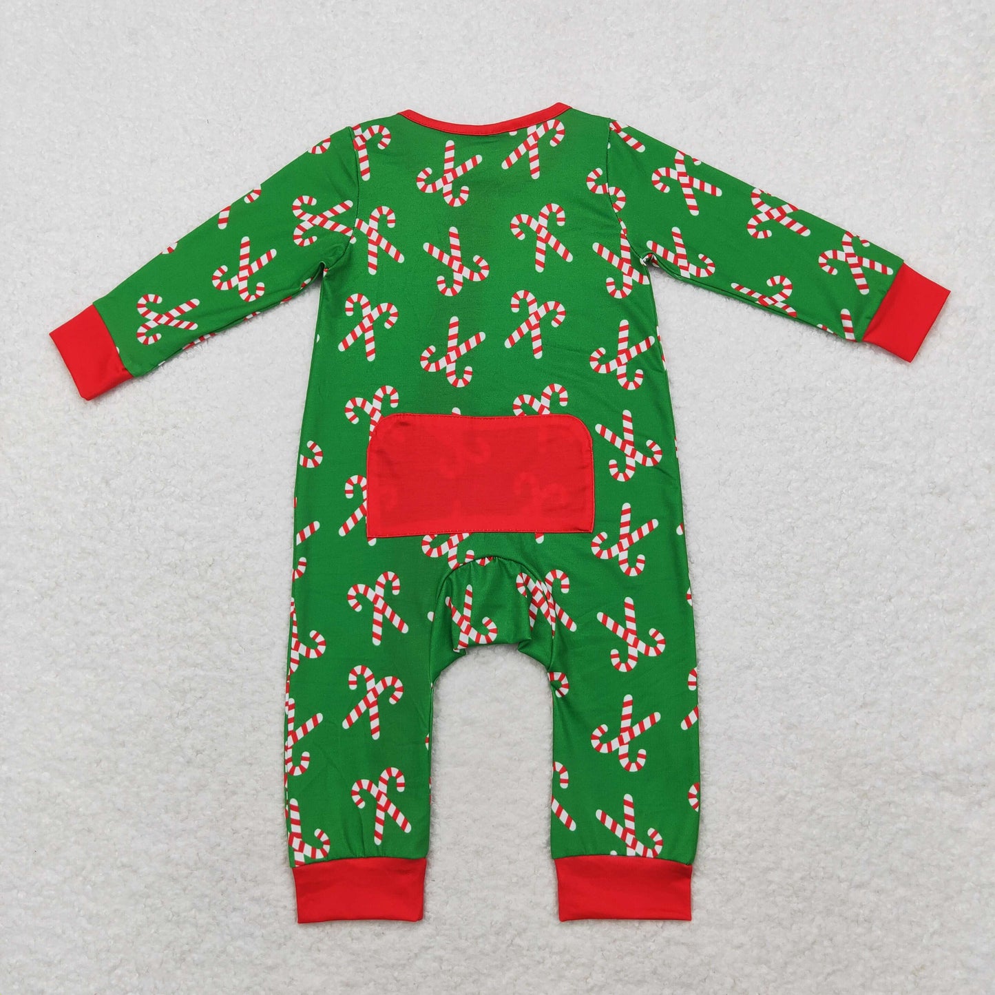 RTS NO MOQ(In Stock) LR1237 Modal Santa Claus Cane Red Edge Green Zipper Long Sleeve Bodysuit