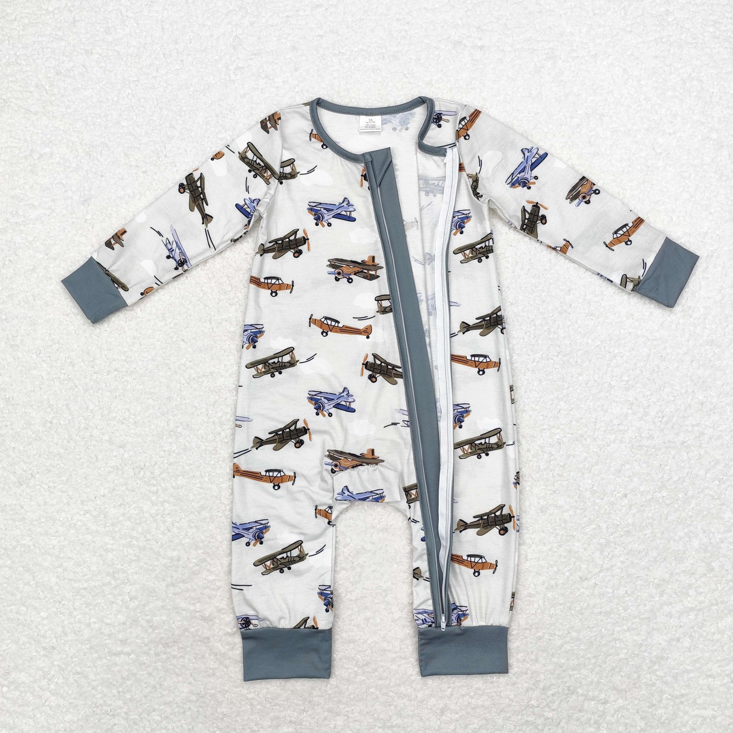 RTS NO MOQ(In Stock ) Modal airplane beige green zipper long-sleeved jumpsuit