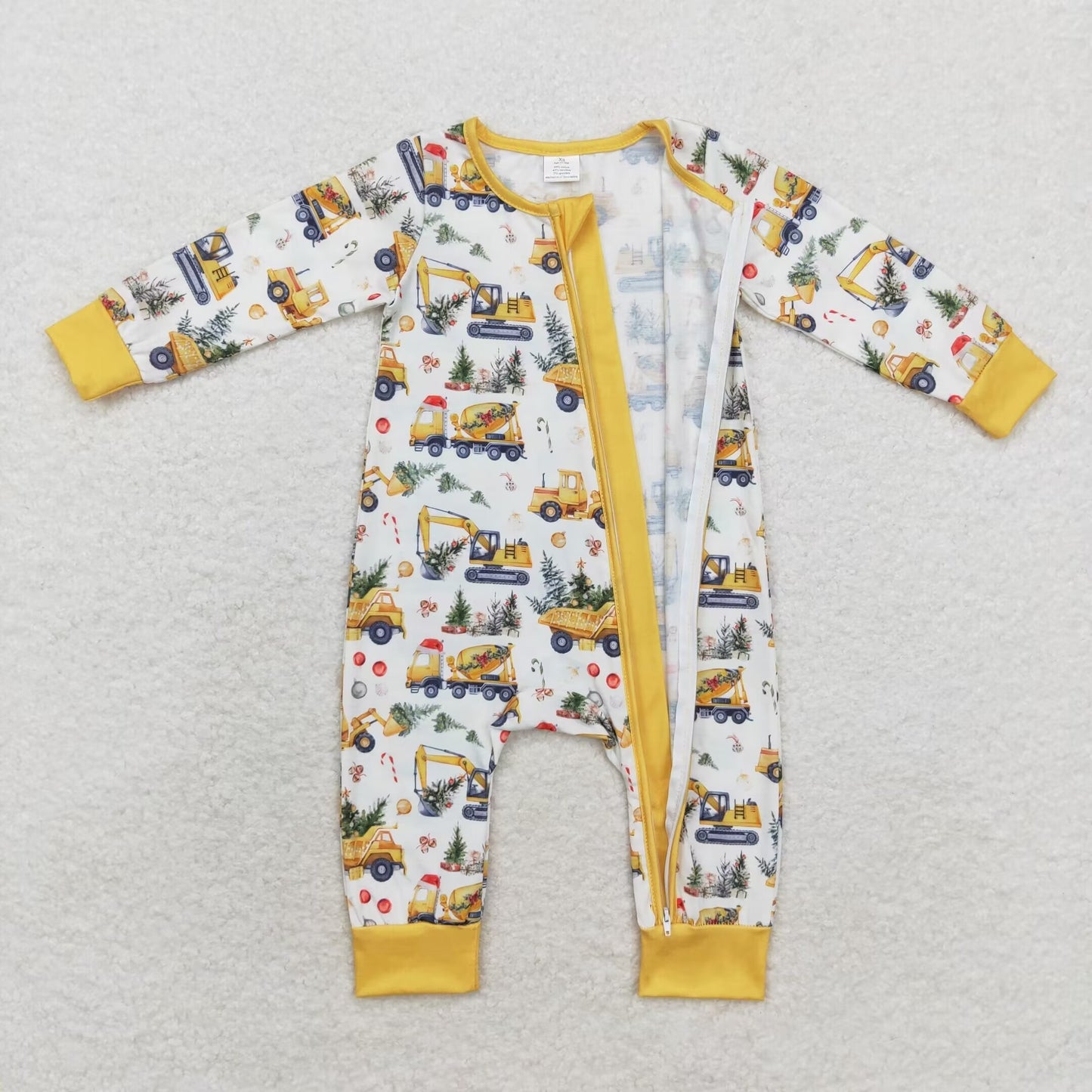 RTS NO MOQ(In Stock) LR1332 Modal Christmas Tree Engineering Truck Beige Zipper Long Sleeve Bodysuit