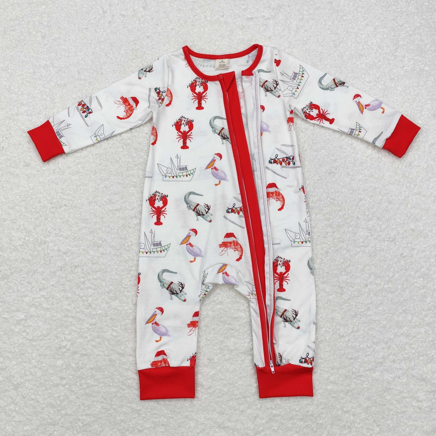 RTS NO MOQ(In Stock) Modal ship crayfish crocodile red and white zipper long-sleeved jumpsuit