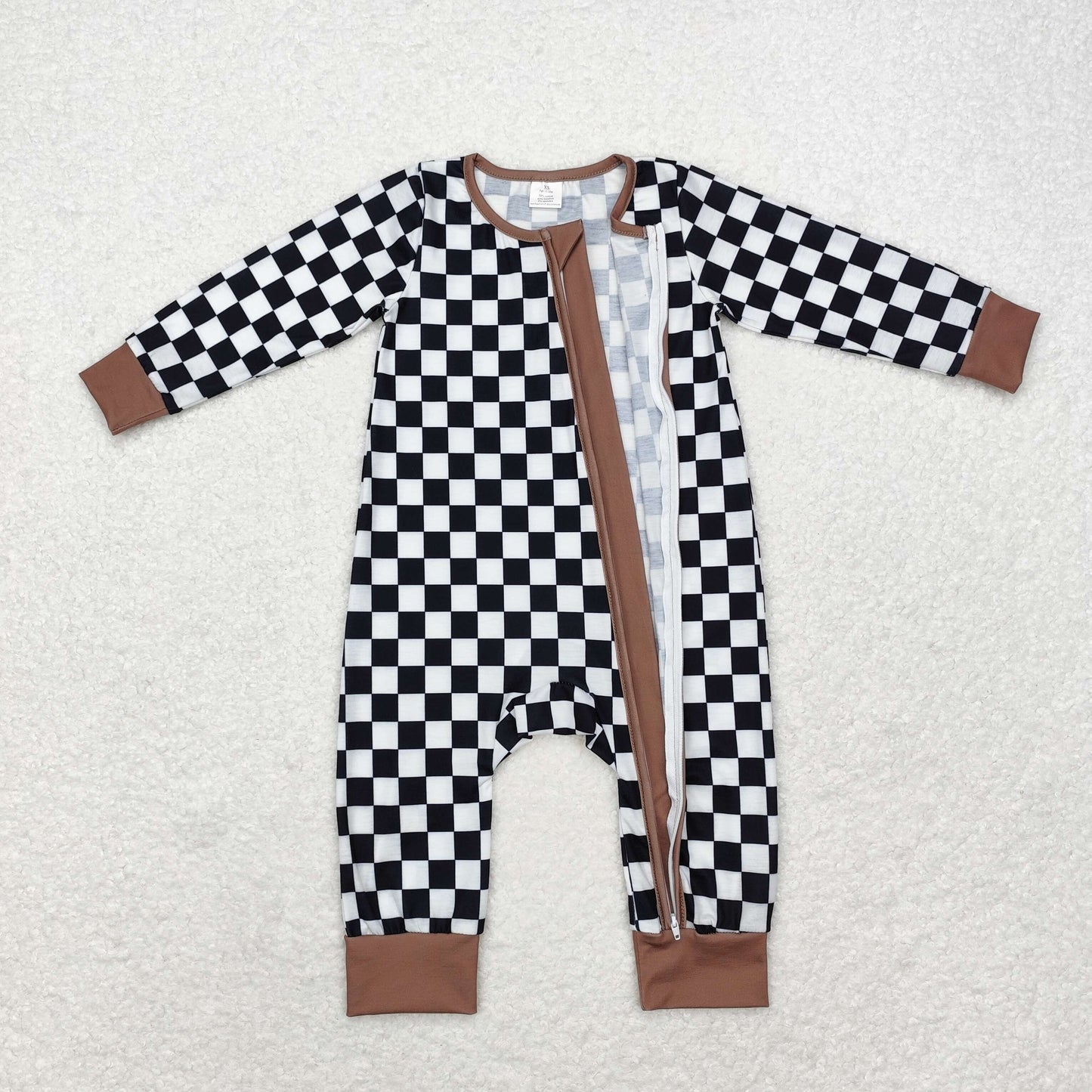 RTS NO MOQ(In Stock) LR1436 Modal black and white plaid brown edge zipper long-sleeved jumpsuit