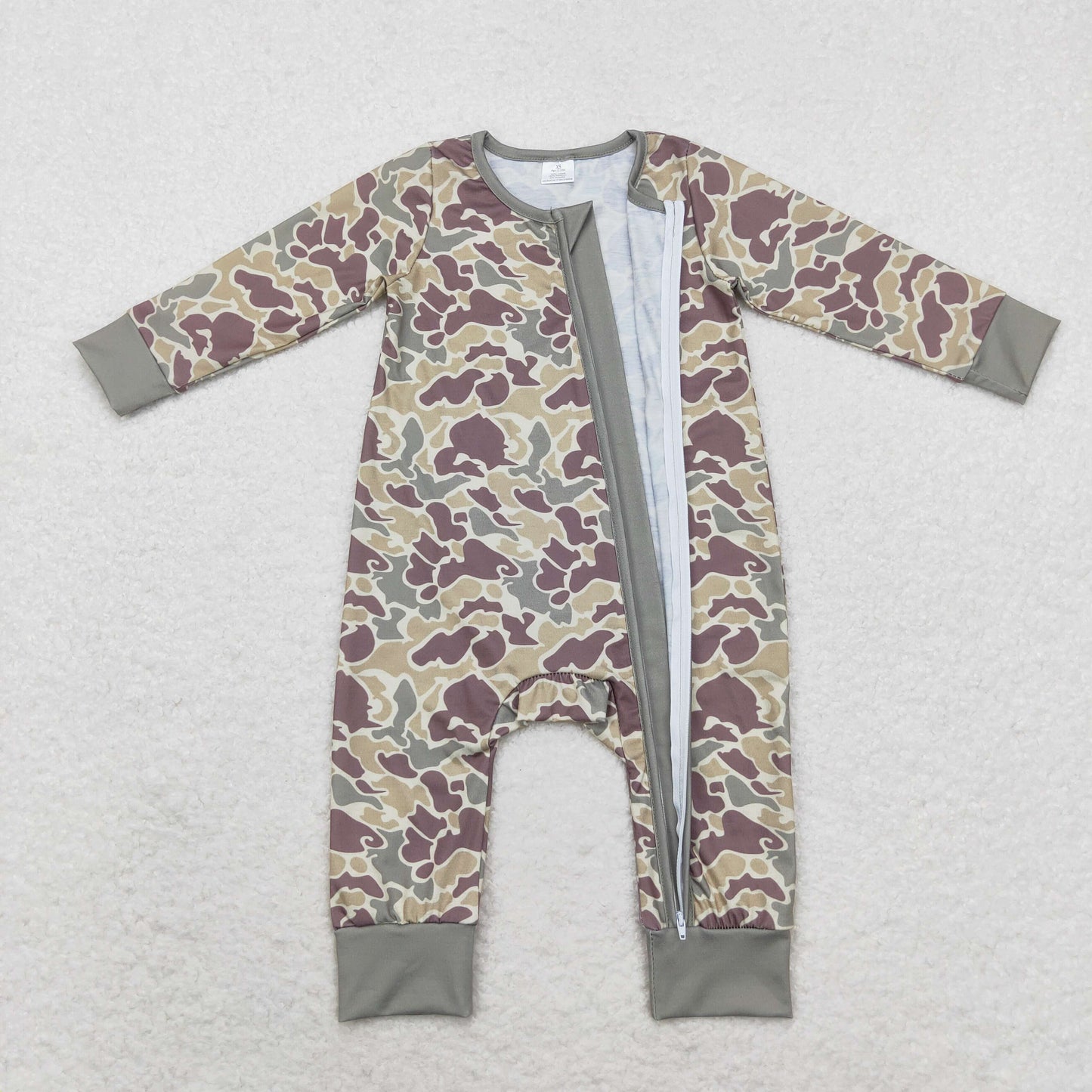 RTS NO MOQ(In Stock) Modal brown and green camouflage zipper long-sleeved jumpsuit