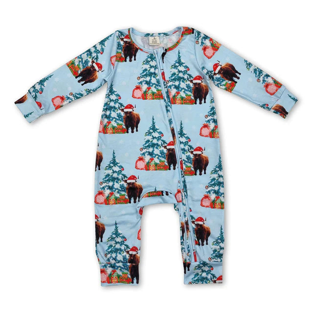 RTS NO MOQ Sibling milk silk Baby Boys Girls Long Sleeve Christmas Print Zip Up Rompers
