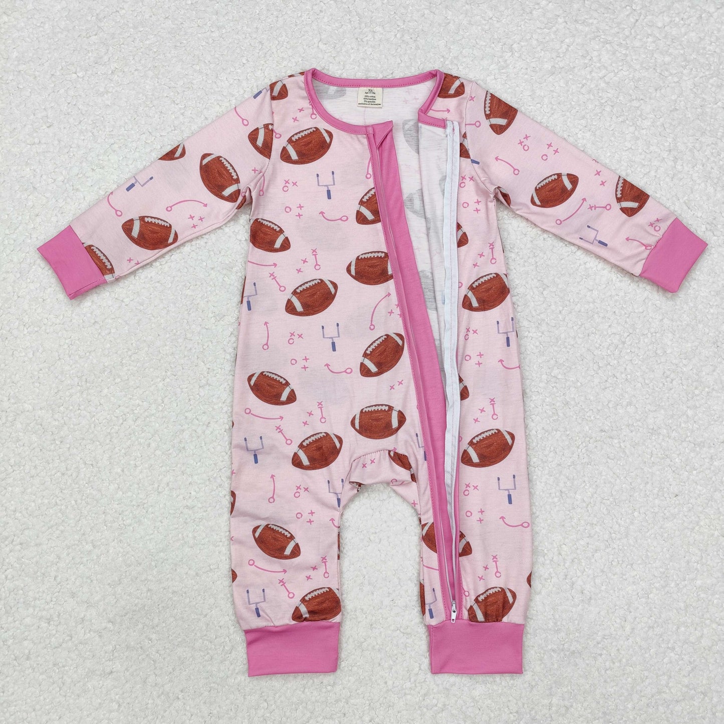 RTS NO MOQ(In Stock) LR1464 Modal football symbol pink zipper long sleeve jumpsuit