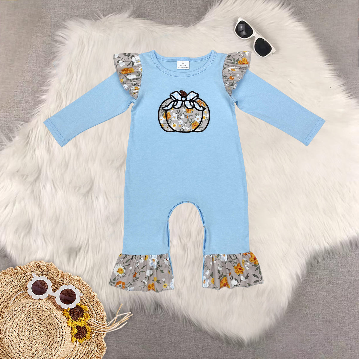 RTS NO MOQ Sibling baby girls clothes embroidery haloween pumpkin long-sleeved trousers suit & romper