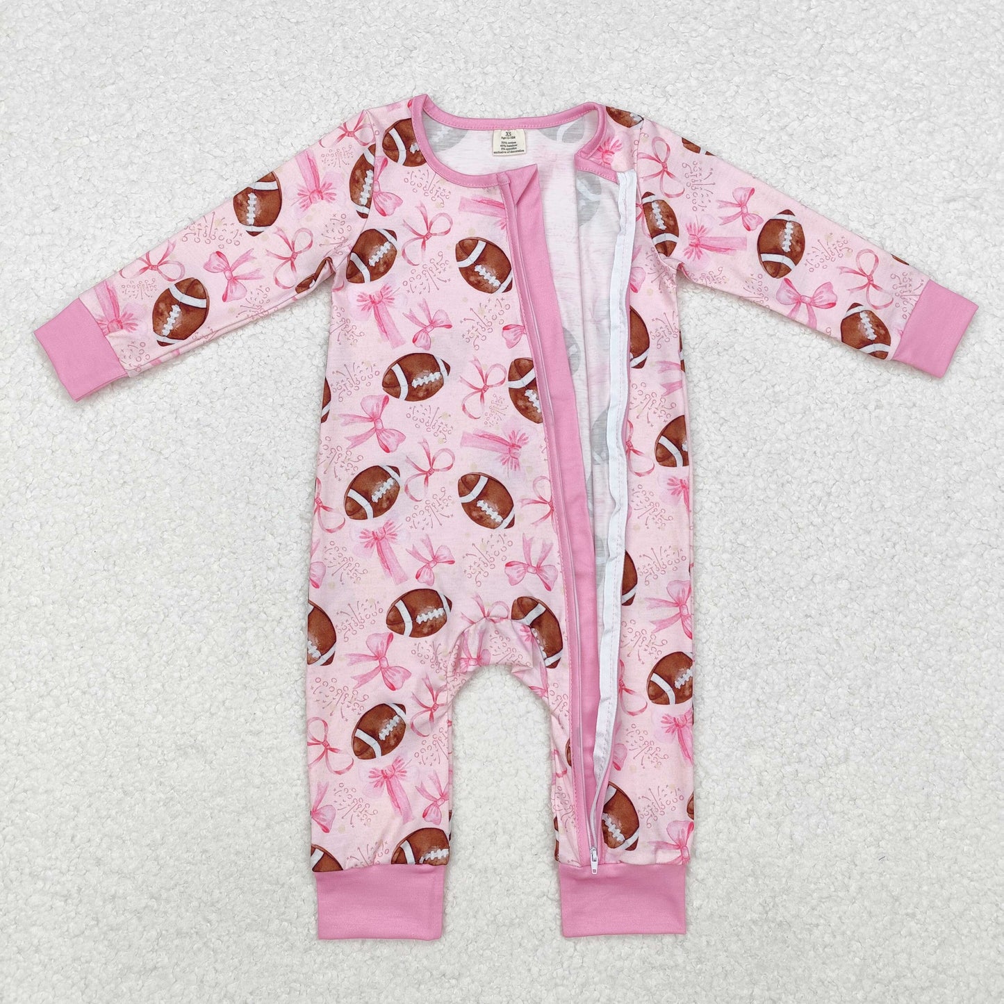 RTS NO MOQ(In Stock) LR1595 Modal football bow zipper pink long sleeve jumpsuit