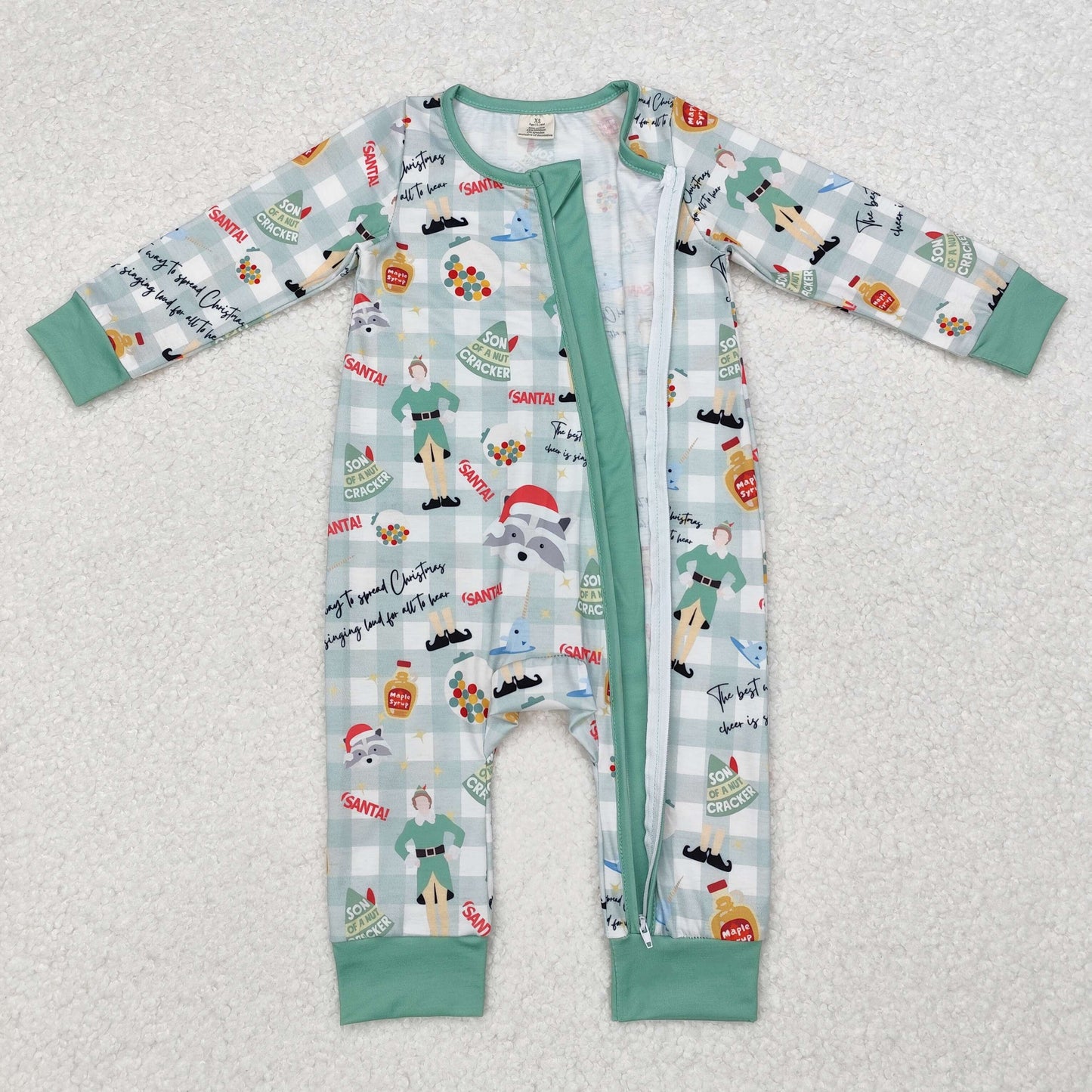 RTS NO MOQ(In Stock) LR1641 Modal Christmas elf green plaid zipper long-sleeved bodysuit
